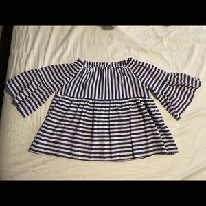 Open shoulder blue stripe blouse